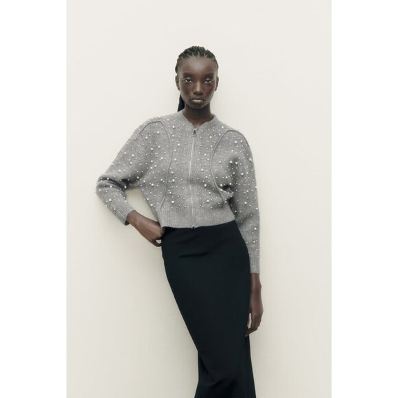 Zara Grey Pearl-Embellished Bomber Zip Cardigan - Picture 2 of 10